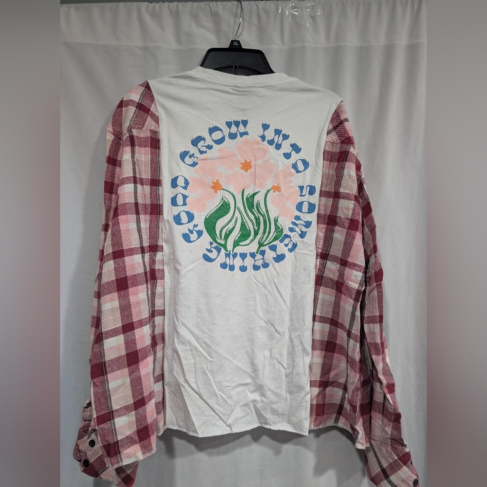 SOLD Handmade Flannel Mash-Up Top – Upcycled Plaid Patchwork, One-of-a-Kind Grow